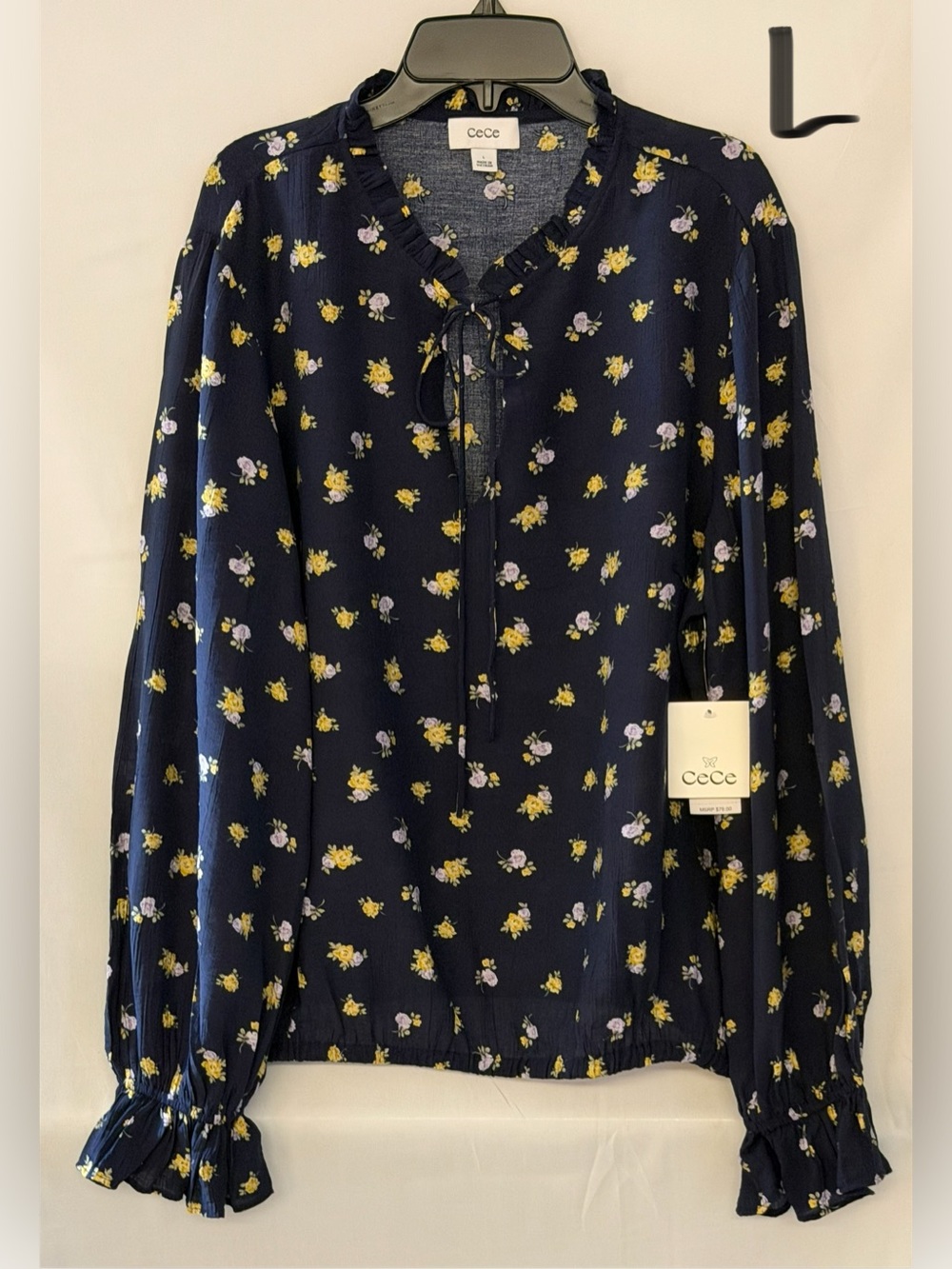 CeCe Navy Floral Tie-Neck Ruffle Blouse